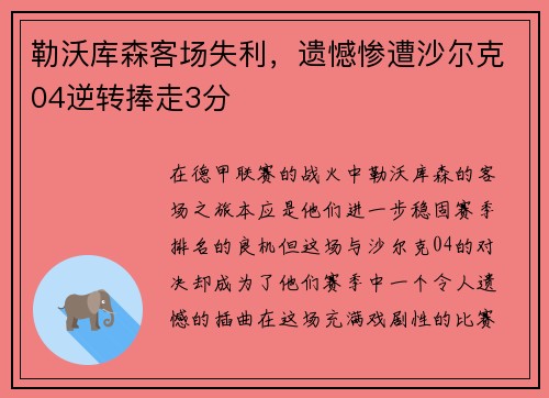 勒沃库森客场失利，遗憾惨遭沙尔克04逆转捧走3分
